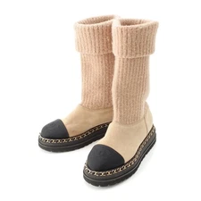 CHANEL suede Knit ankle boots with COCO Mark Chain accents boots G39468 Beig...