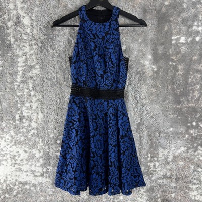 City Triangles Sz 0 Floral Lace Fit Flared Mini Dress Blue Sleeveless Zip  Lined | eBay