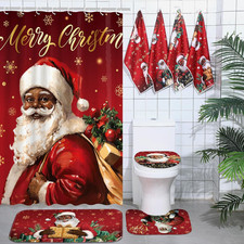 Black Santa Claus Christmas Shower Curtain Set with Rugs and Towels