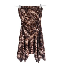 Vtg Y2K Forever 21 Medium Tube Dress Women Brown Leopard Ruched Handkerchief Hem