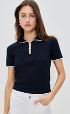 FRAME M Medium The Sport Polo Navy Knit Short Sleeve Collared Top Sweater $348