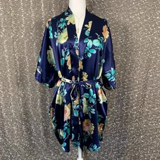 Vintage Kathryn Blue Floral Short Belted Robe Pockets Women's Large