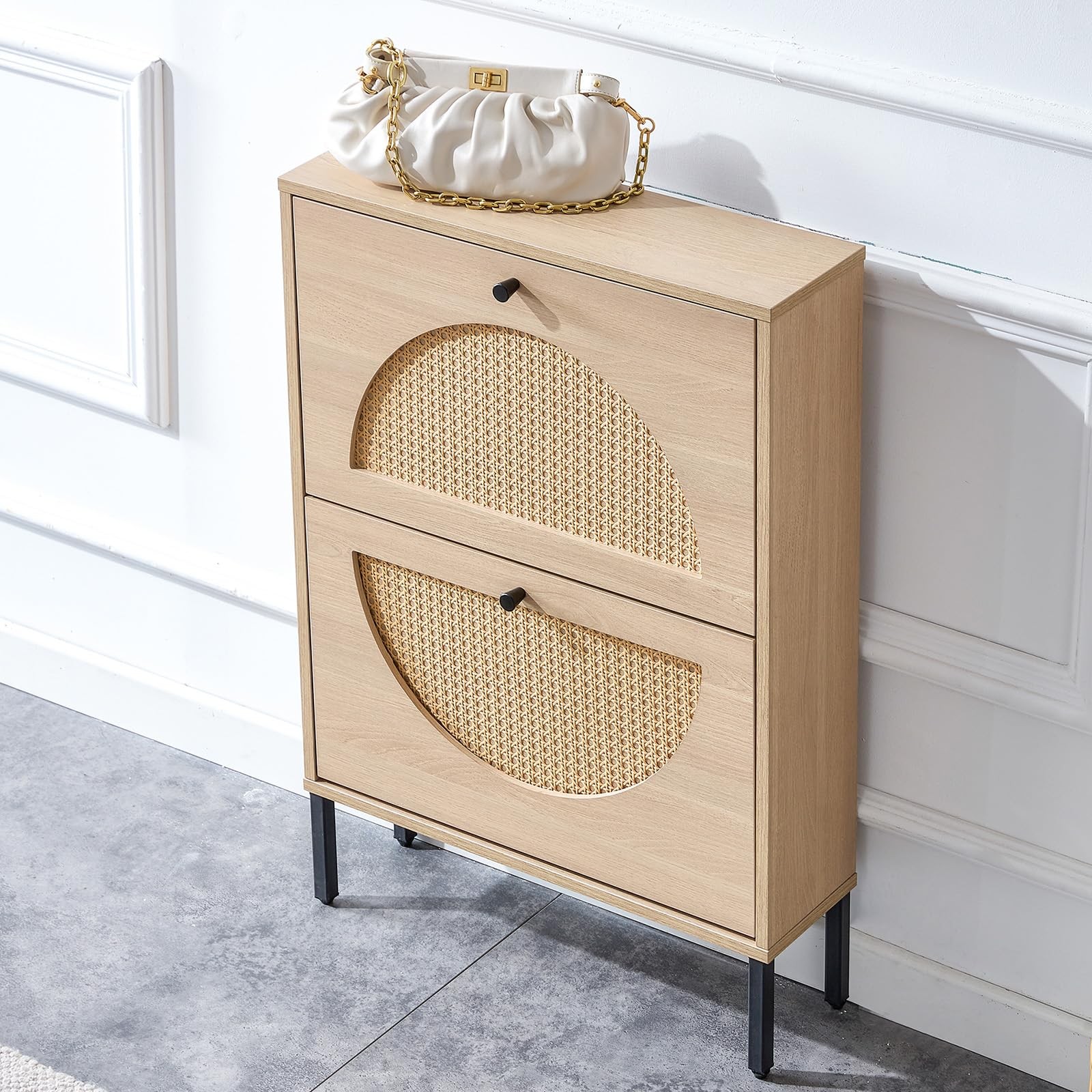 Slim Rattan Shoe Rack with 2 Flip Drawers for Hallway Storage