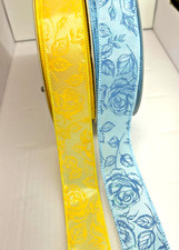 "10 Yards 1.5" Satin Wired Ribbon Floral Roses Dusty Blue or Yellow