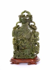Chinese Spinach Jade High Relief Carved Covered Vase Ring Handle Phoenix Bird