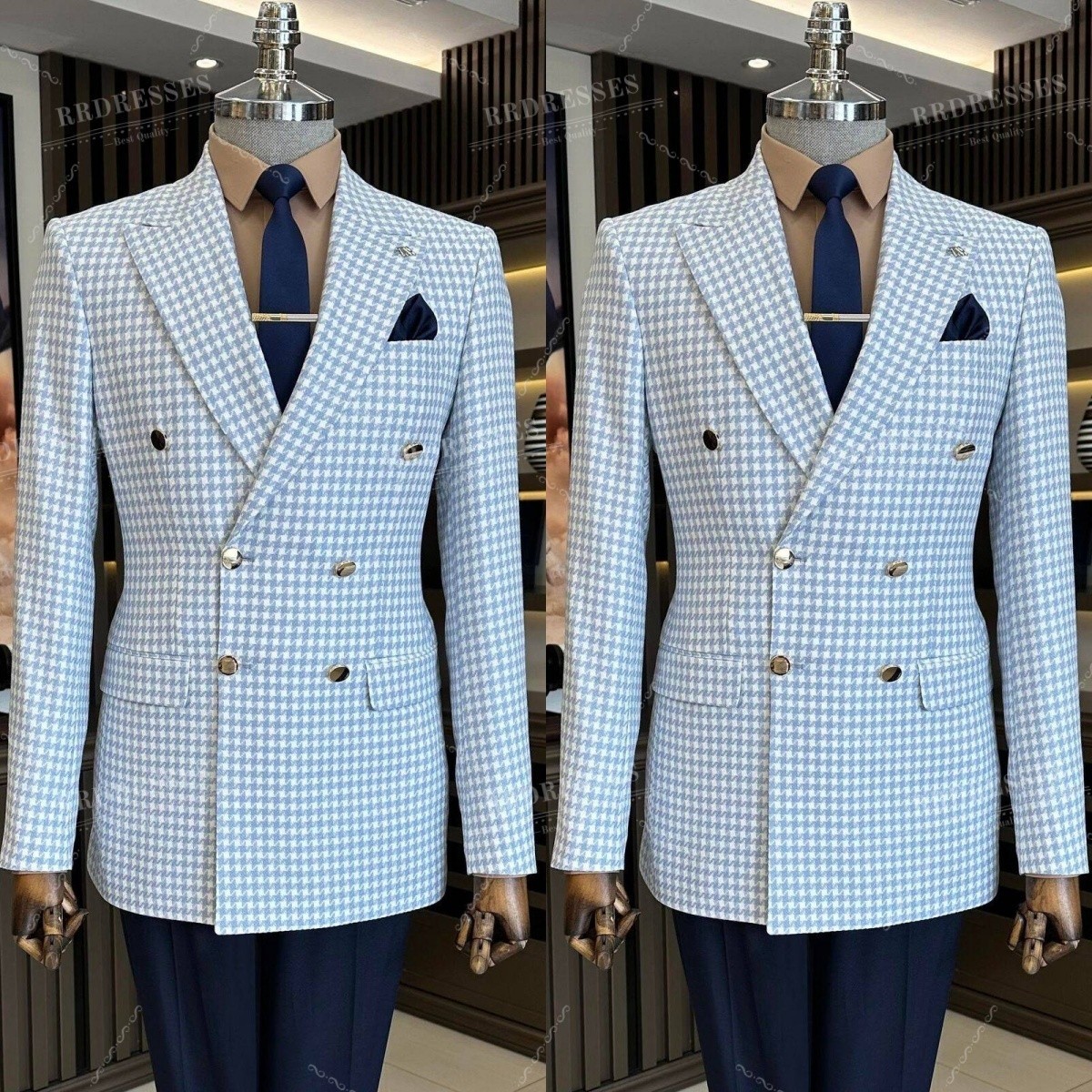 Houndstooth Men's Suit Peak Lapel Double Breasted 2Pcs Business Offical 2Pcs