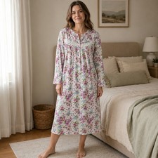 Aria Womens Floral Paisley Fleece Nightgown Long Sleeve Lace Trim Purple Pink L