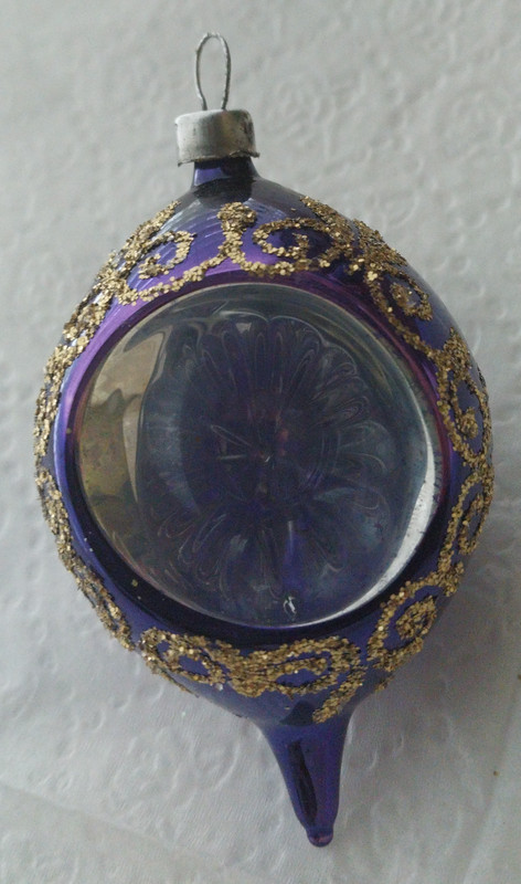 Lovely Vintage Christmas Ornament Glass Reflector Tear Indent Purple Gold