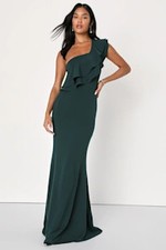 Lulus Grand Beauty Ruffled One-Shoulder Mermaid Maxi Dress Green M