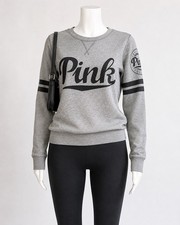 Victoria s Secret PINK Sweatshirt XS Gray Black Logo Varsity Stripe Crewneck