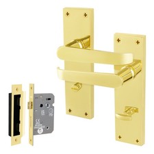 Polished Brass Door Handles,  Straight Pattern Bathroom, Latch & Key Lock Sets