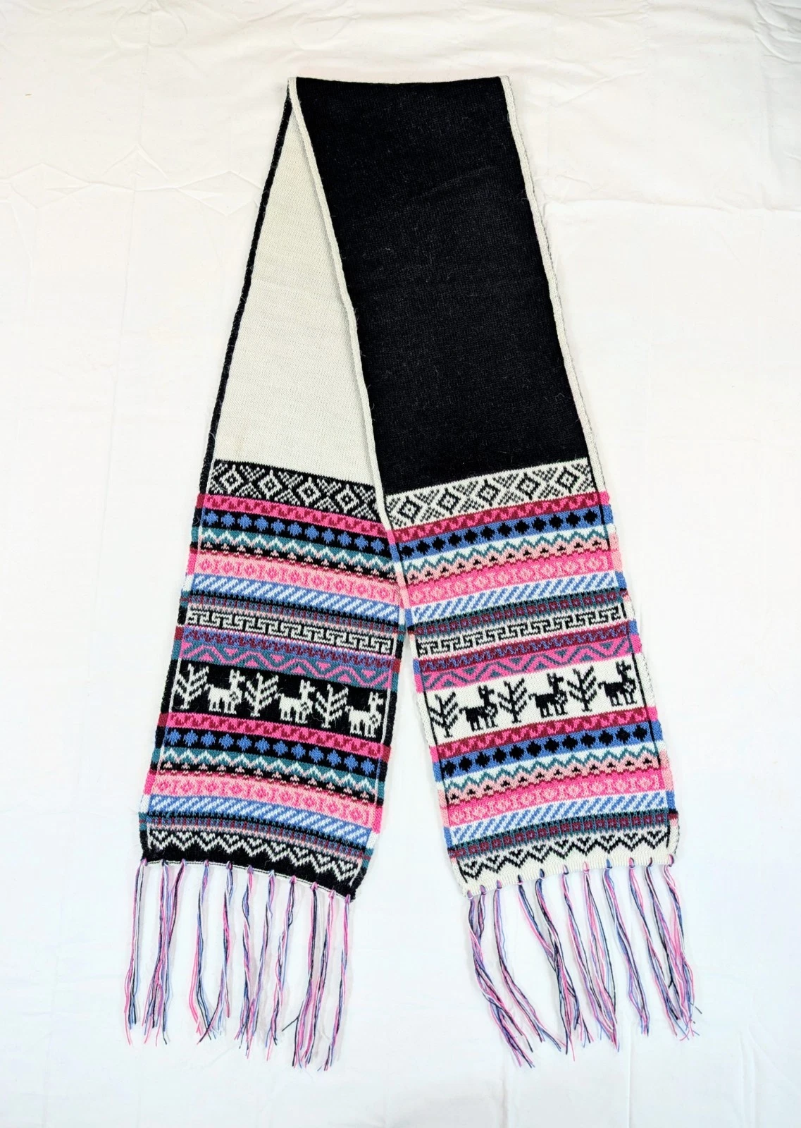 Pink Black Reversible Soft Alpaca Scarf Peruvian Inca Pattern Textile