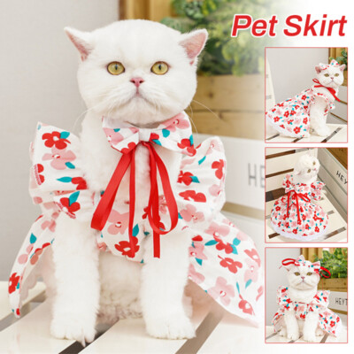 Pet Clothes Ruffles Sleeves Dress Spring Summer Teddy Puppy Cat Floral Clothing