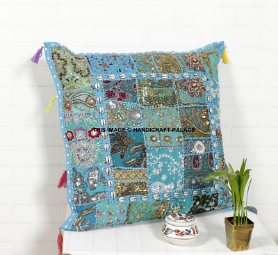 20x20 Indischer Patchwork Kissenbezug Blau Bohemian Perlen Kissen Bodenkissen