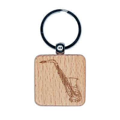 Alto Saxophone Woodwind Musical Instrument Engraved Wood Square Keychain 