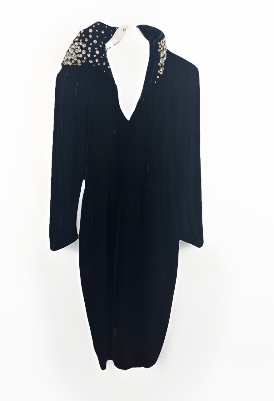 Thierry Mugler Black Velvet Cocktail Dress Winter 1985 Blue Label Rhinestone 38 image 2