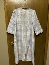 MISS ELAINE size S Seersucker Housecoat Zip Robe Midi Night Dress Striped Z22