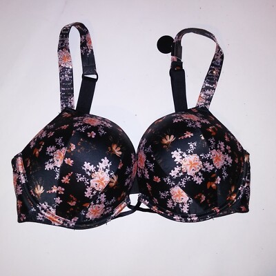 Victoria Secret Bra 32D Bombshell Push Up Black Lace Floral Shine