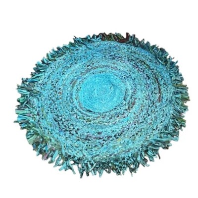 NWOT Handmade Braided Color Block Rag Rug With Fringe Round Rug