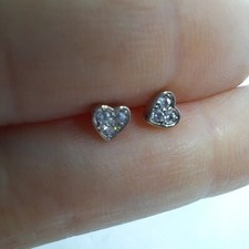 Earrings Heart Bling Tiny CZ Silver tone studs 3 stone