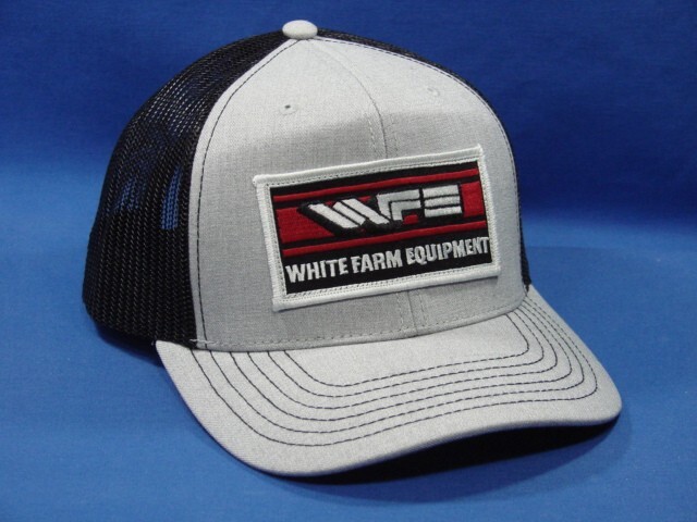 White farm equipment tractor hat - heather grey w/ black mesh snapback - trucker