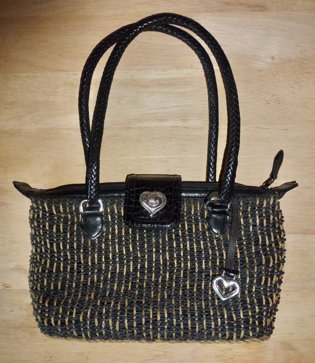 BRIGHTON BLACK TAN STRAW RAFIA DBL HANDLE BAG w/TOP ZIP SNAPPED HEART  TAB