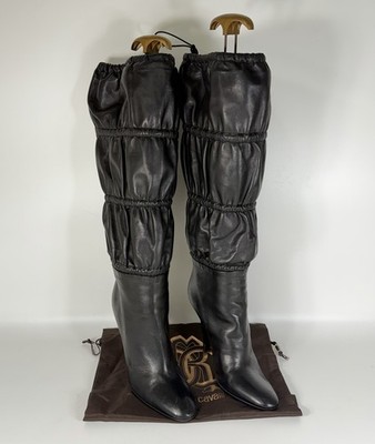 Roberto Cavalli Women's Black Leather Knee High Boots Stiletto Heels - Size 36