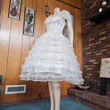 Vtg 50s Tulle Strapless Wedding Gown Cupcake Bullet Bra Prom Dress w Capelet S