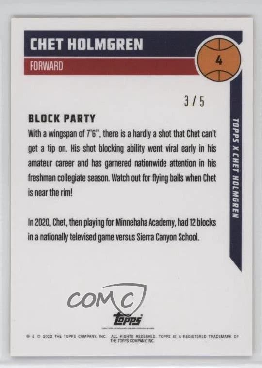 2022 Topps X Chet Holmgren Block Party! Orange /5 Chet Holmgren #4 Rookie RC - Image 2 of 2