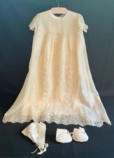 VTG Embroidered Christening Gown Set Bonnet Booties 1980s Silk  Lace Baptism