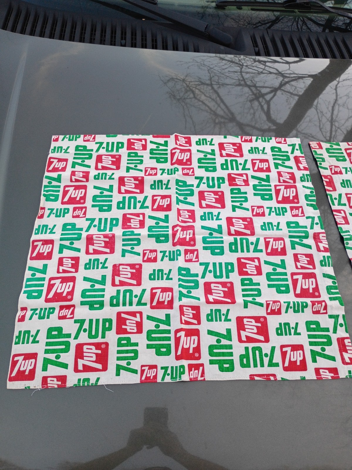 Vintage 7UP 7-UP Cotton Fabric kitchen curtains 1970's Red & Green Logo on White
