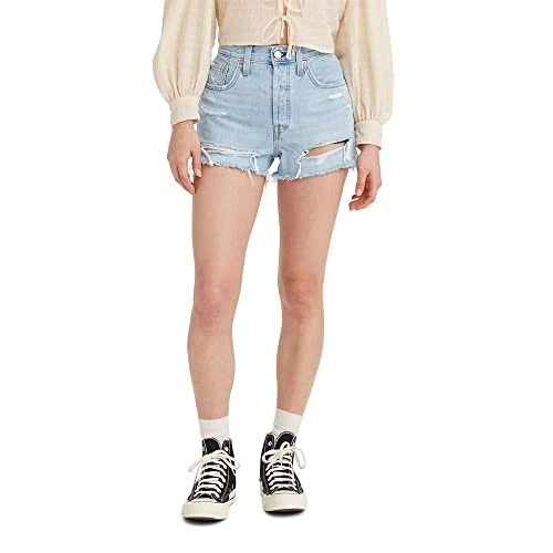 563270269 LEVI'S WOMEN'S 501 ORIGINAL SHORTS WOMEN 32 MEDIUM INDIGO DESTRUCTED