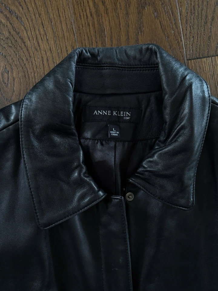 Abrigo Anne Klein de cuero negro grande para mujer - 100 % piel de cordero genuina Foto 2 de 4