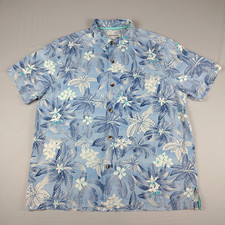 Tommy Bahama Men's Large 100 Silk Hawaiian Shirt Blue Floral Tropical Collared