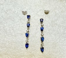 925 Sterling Silver  4 Pear Shape Lab SAPPHIRES 1.5  Dangle Earrings 2.38g