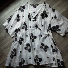 Gudrun Sjöden Tunika/Bluse Gr.L/XL schwarz-weiß Baumwolle Wickeloptik Länge87cm 