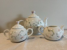PRECIOUS MOMENTS Children’s Mini Teapot Set W/Creamer & Sugar 1993 Sam’l Butcher