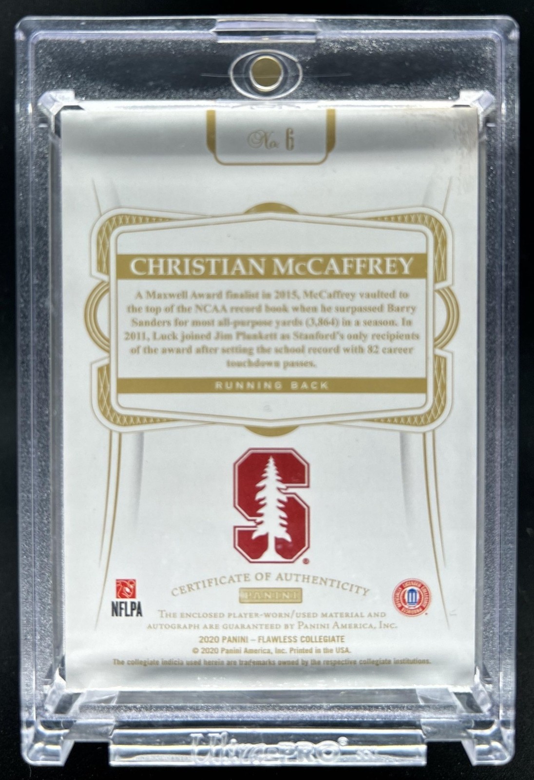 2021 Panini Flawless Christian McCaffrey 2020 Patch Auto Gold #/10 Damaged view 2