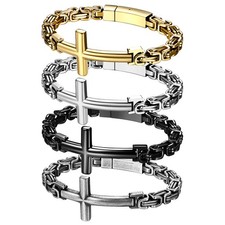 Cross Bracelet Stainless Steel Christian Jesus Wristband Heavy Byzantine Chain