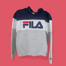 FILA Youth XL Color Block Hoodie   Navy/White/Gray   Retro Streetwear Logo