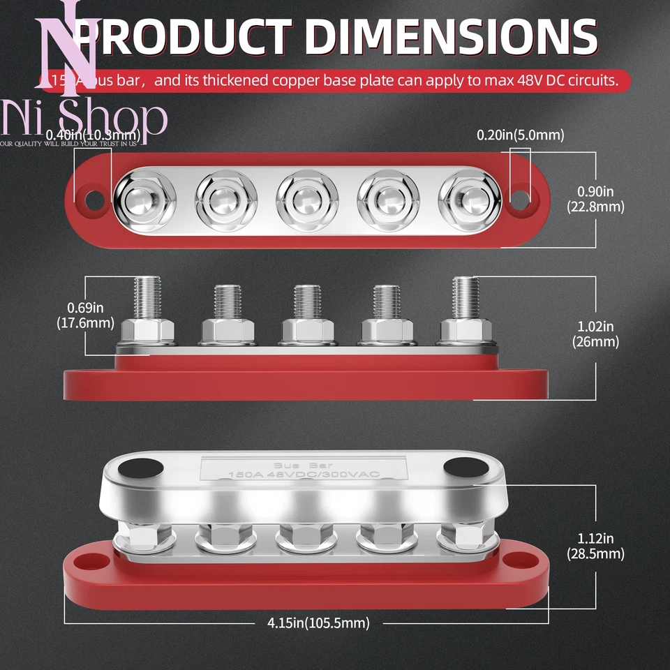 Bus Bar 12V Power Distribution Block Max 150A 48VDC 5 Post Busbar Terminal Block - image 2 of 4