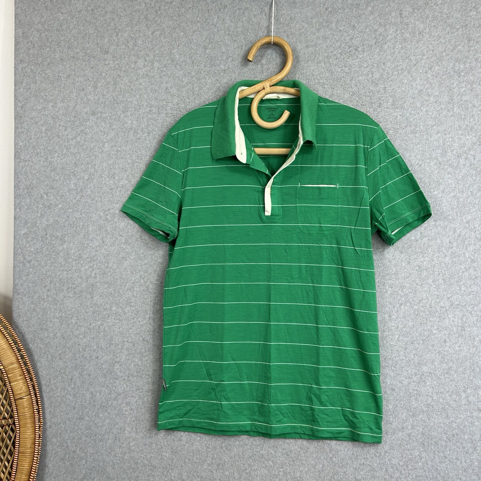 Icebreaker Polo Shirt Men’s Size M Green White Stripes Merino Wool