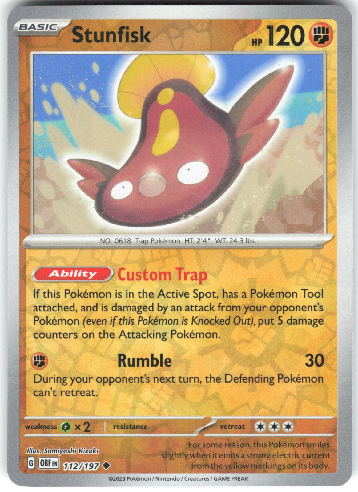 Stunfisk 112/197 Obsidian Flames OBF Reverse Holo LP Pokemon Card TCG