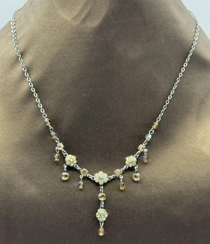M&S Crystal Style Floral Drop Necklace Silver Tone Beaded Statement