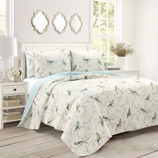 Botanical Bird and Flower Reversible Quilt King Size 3 Piece Set Multi - Flor...