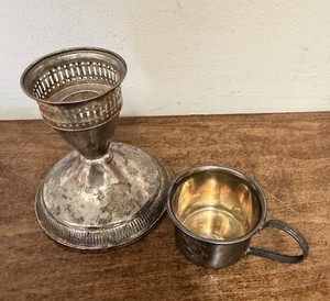 STERLING SILVER Weighted candlestick & baby cup, repair or Scrap , 194 grams