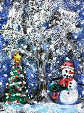 ACEO Original PAINTING Snowman Winter Snow XMAS TREE Landscape Nature ATC ART