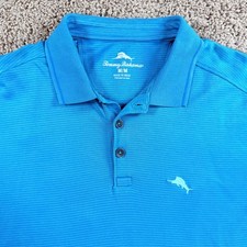 Tommy Bahama golf Mens Polo Shirt teal Stripe Embroidered Marlin Medium