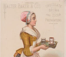WALTER BAKER & CO's CHOCOLATE TRADE CARD, LADY (FAMOUS LOGO) BREAKFAST COCOA C87