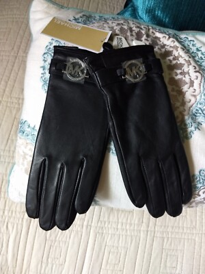NWT Michael Kors Black Silver Women's Leather Logo Ornament Tech Gloves 
